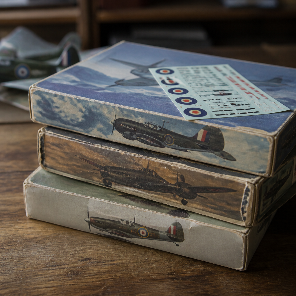 Three old model kit boxes stacked on a table, corners worn, with a decal sheet visible on the top box