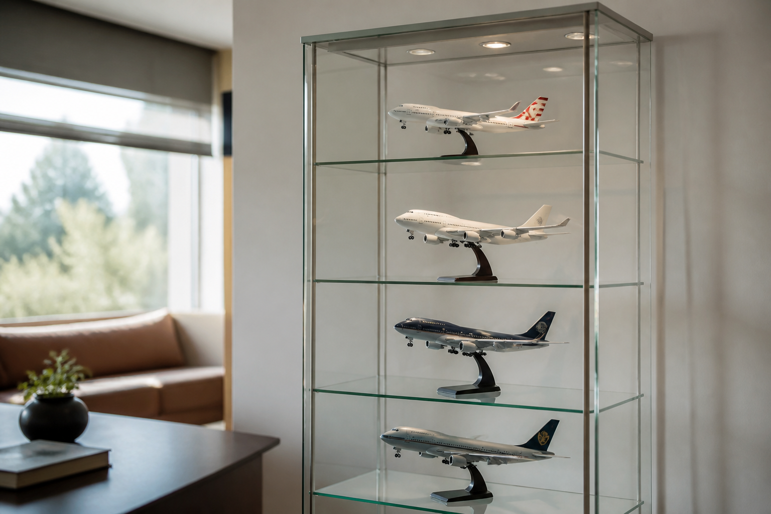 A tall glass display cabinet with four glass shelves holding aircraft models of the same scale