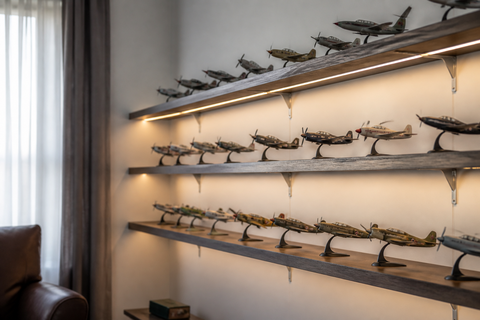Wall-mounted shelves holding aircraft models of one scale, lit by a warm strip light mounted above and in front