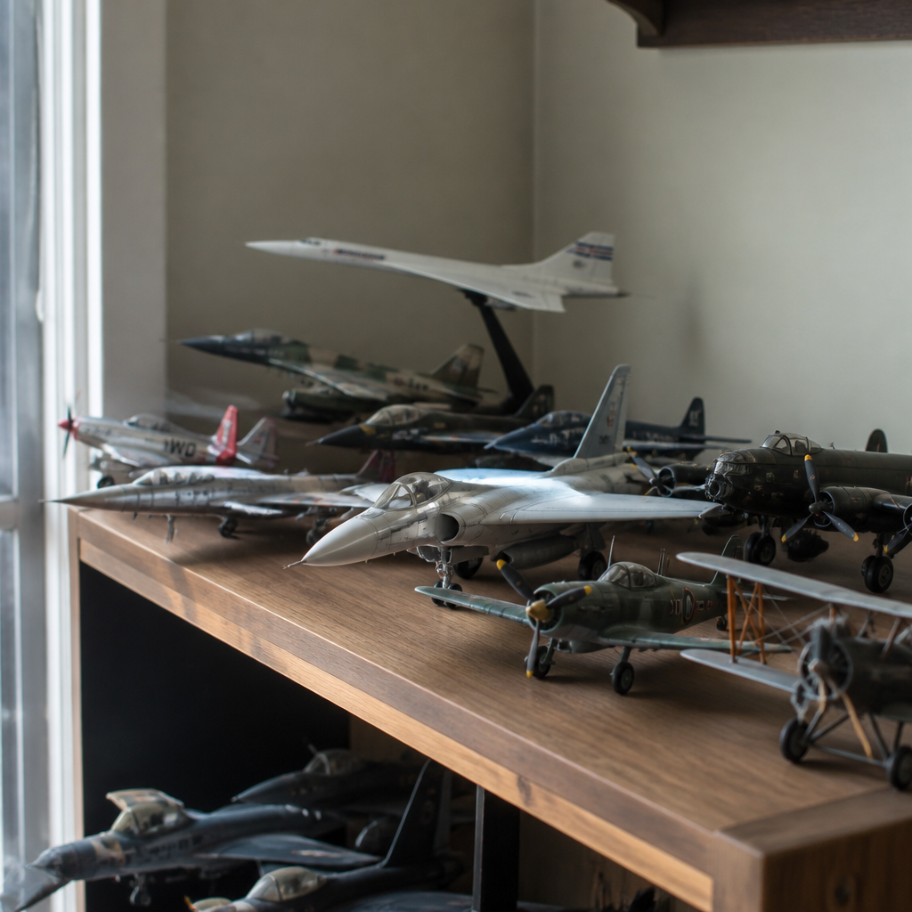 A crowded display shelf holding a dozen aircraft models of different sizes and eras, lit from the left