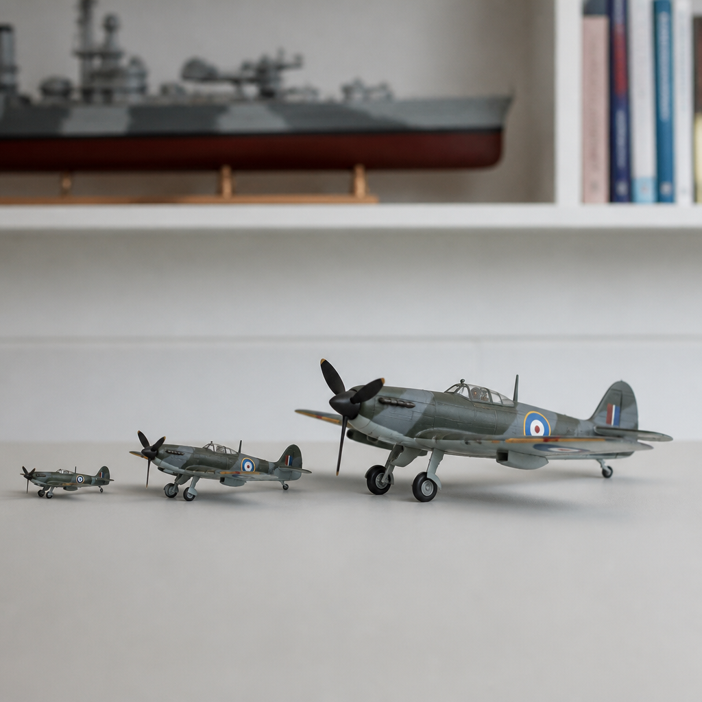 The same single-seat fighter modelled at three scales side by side on a plain surface, smallest on the left