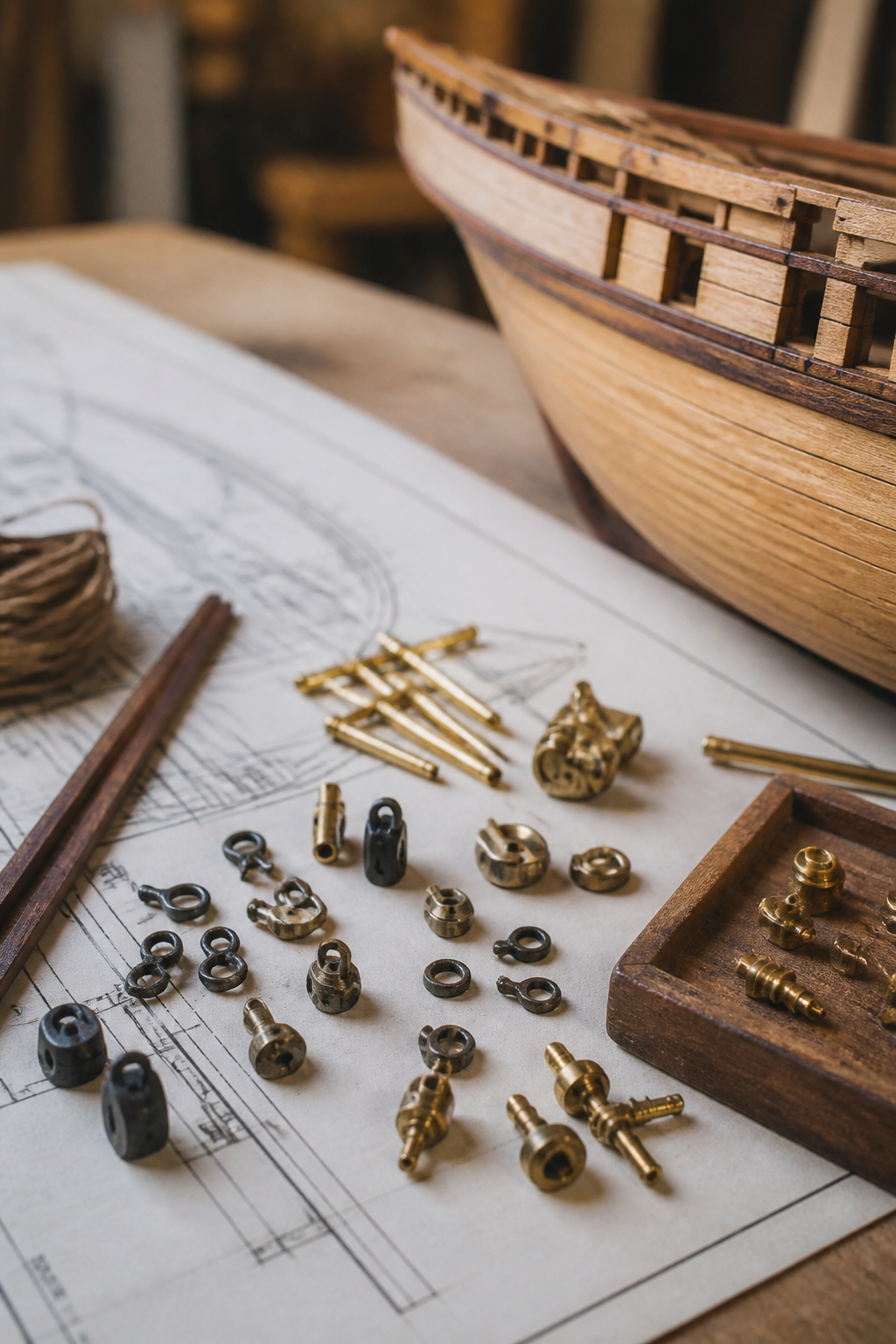 Cast metal and turned brass fittings for a wooden ship model laid out on a workbench beside a plan sheet