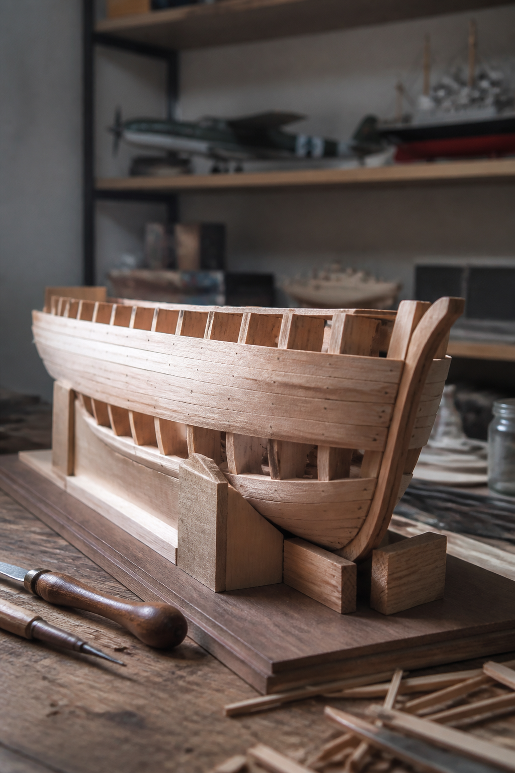 The bare hull of a wooden ship model on a building board, showing bulkheads and a part-finished first layer of lime planking